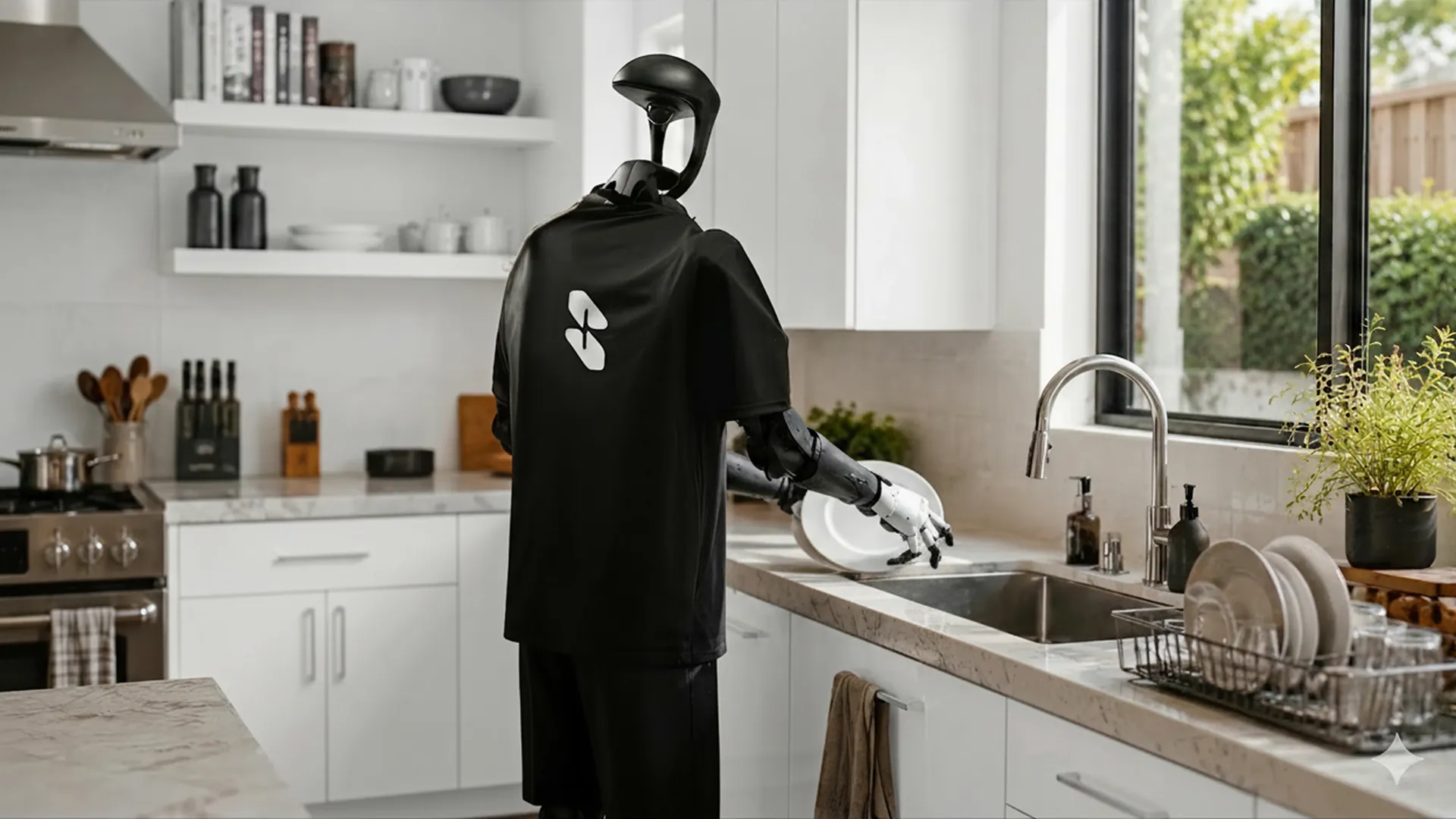 A humanoid robot assisting in a domestic kitchen
